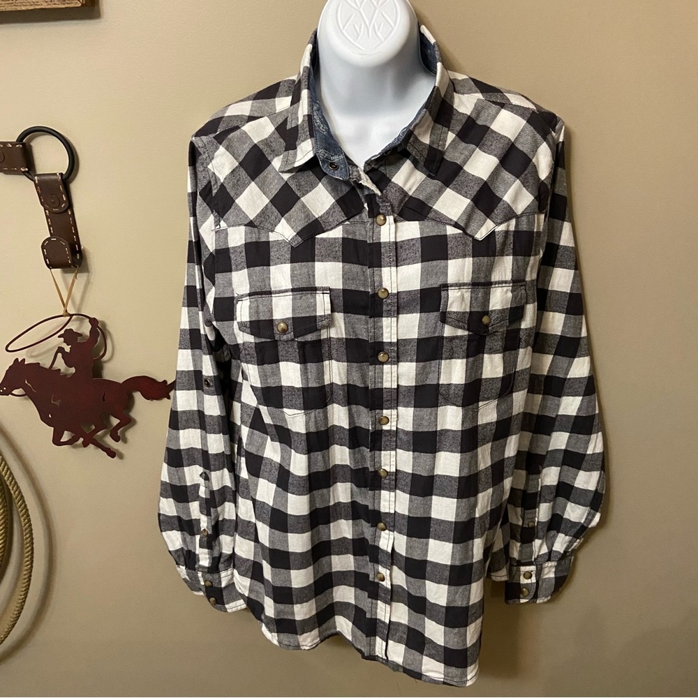 Jacks Girlfriend Womens Comfort Stretch Black & White Plaid Flannel Shirt Size S